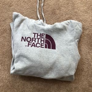 Grey and purple north face hoodie